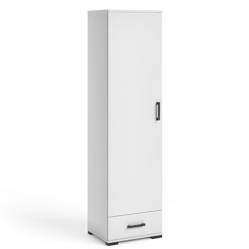 Biały regał zamknięty na książki 50 cm do salonu z szufladą FIORA