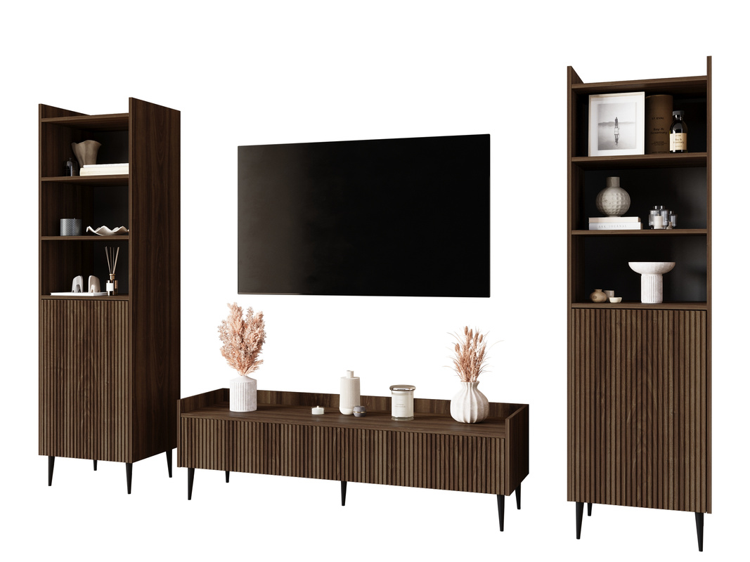 Meblościanka do salonu z szafką RTV i regałami ASPERO orzech
