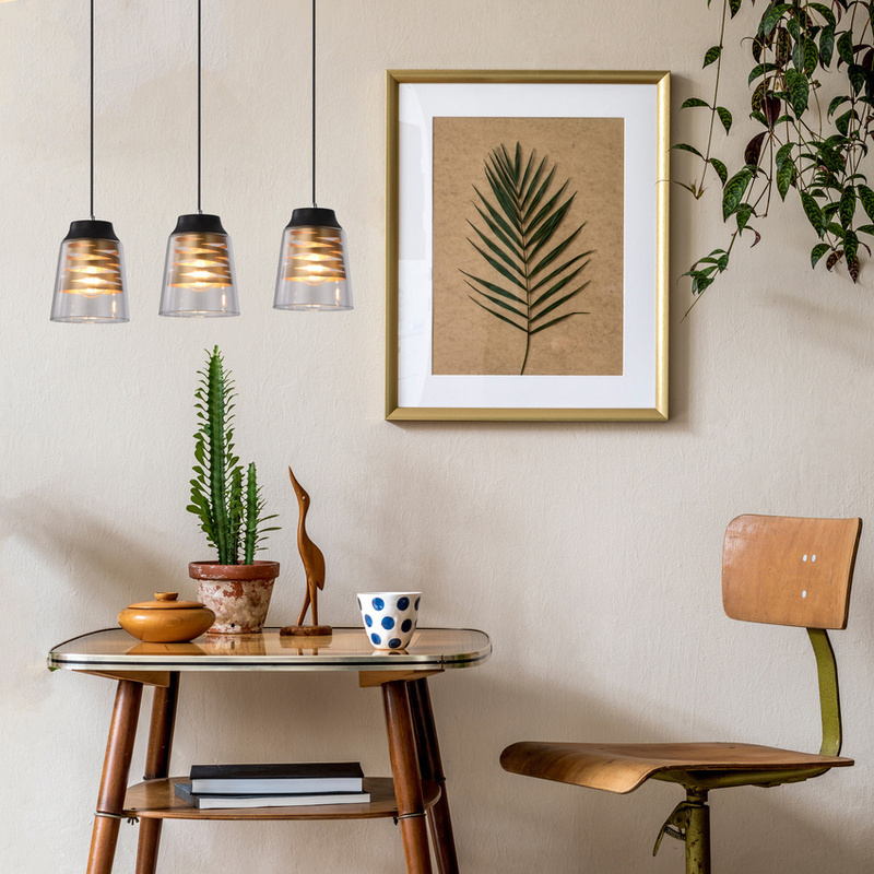 Czarna lampa wisząca 3-płomienna do salonu FRESNO szkło złote