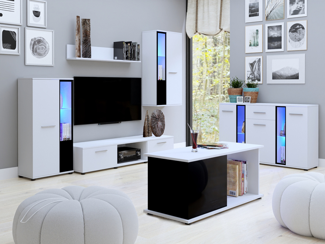 Meblościanka do salonu z komodą i ławą biały mat CUBE