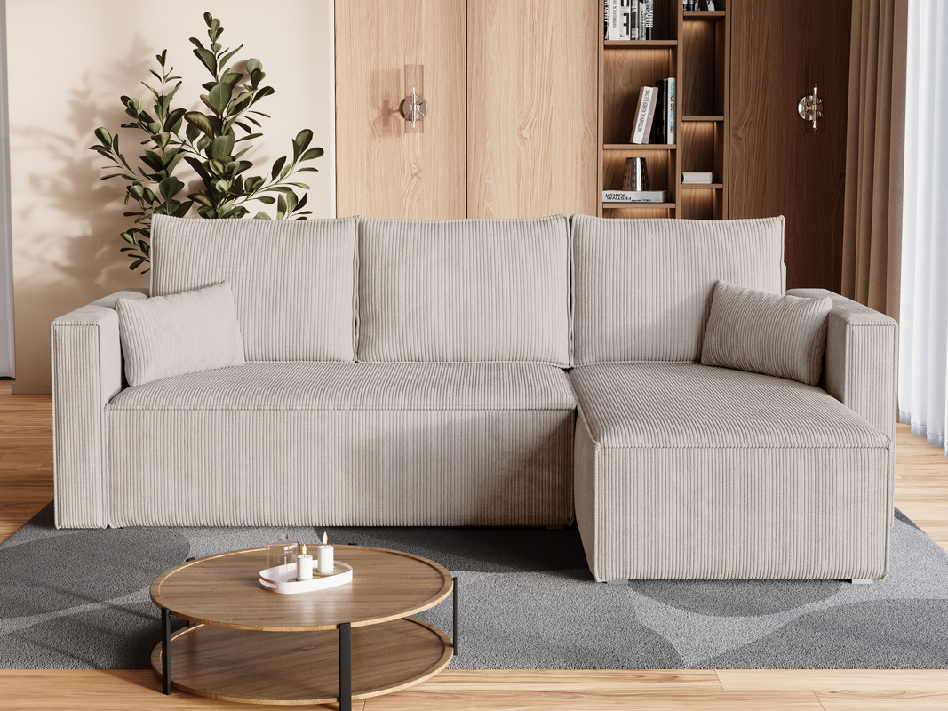 Beżowa rozkładana kanapa narożna do salonu TOP sztruks