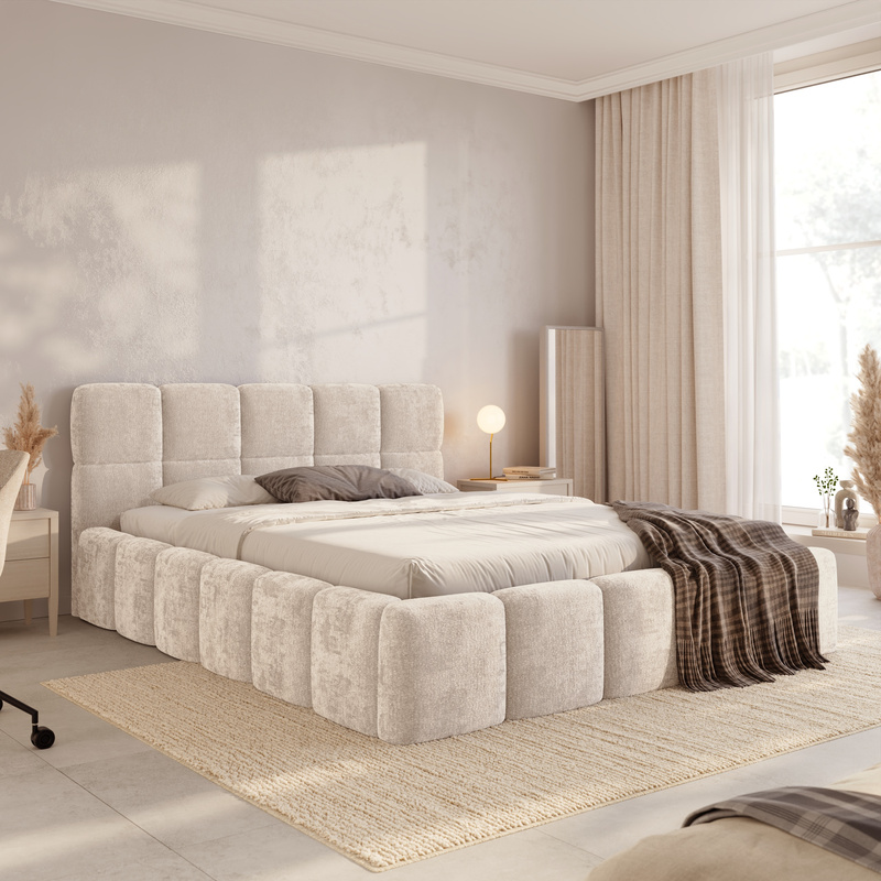 Łóżko tapicerowane 140x200 do sypialni z pojemnikiem i stelażem CUDDY beż