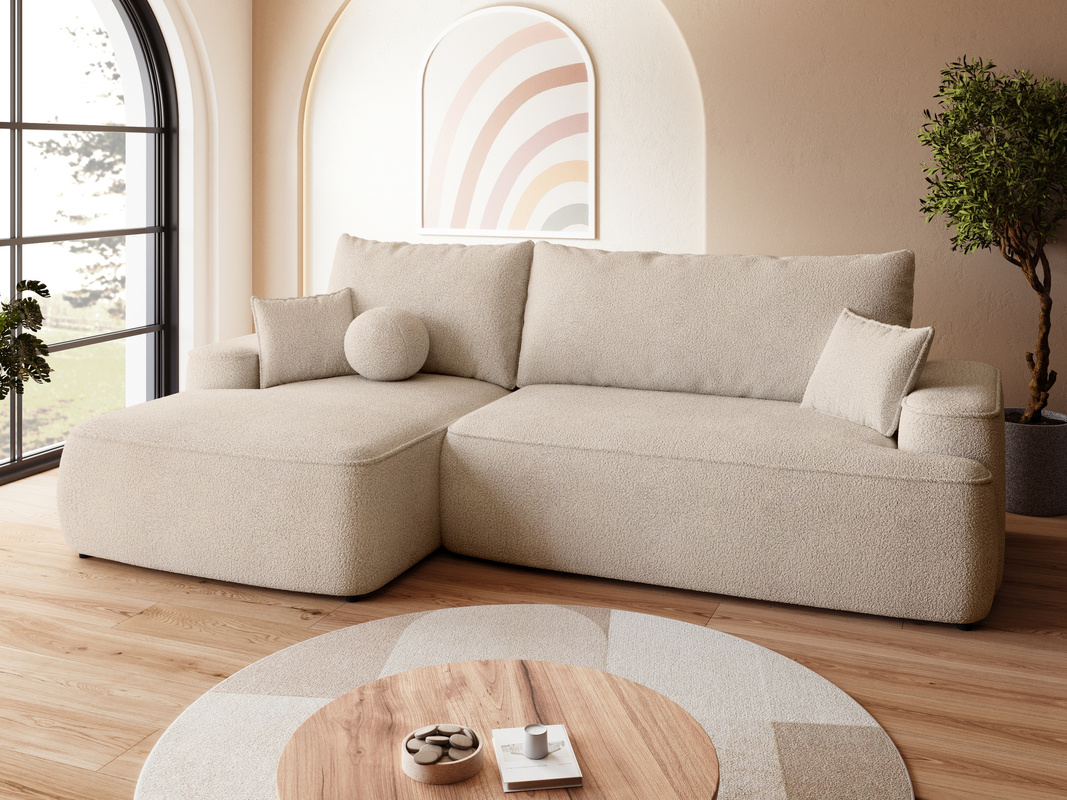 Beżowy narożnik do salonu z funkcją spania CARMELLO boucle
