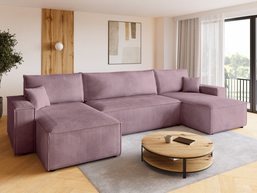 Narożnik rozkładany z funkcją spania i pojemnikiem do salonu ADI różowy