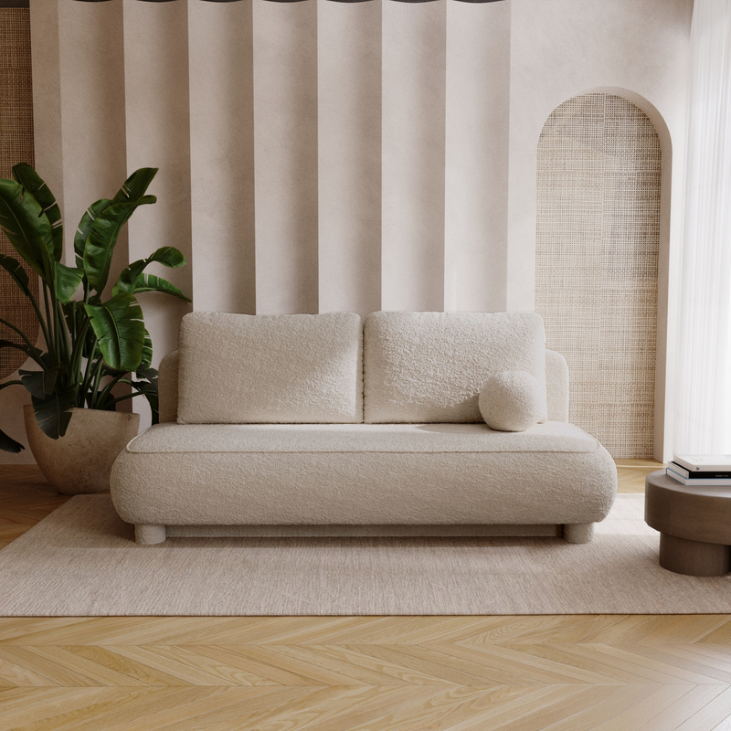 Rozkładana beżowa kanapa z funkcją spania i pojemnikiem do salonu GISELLE