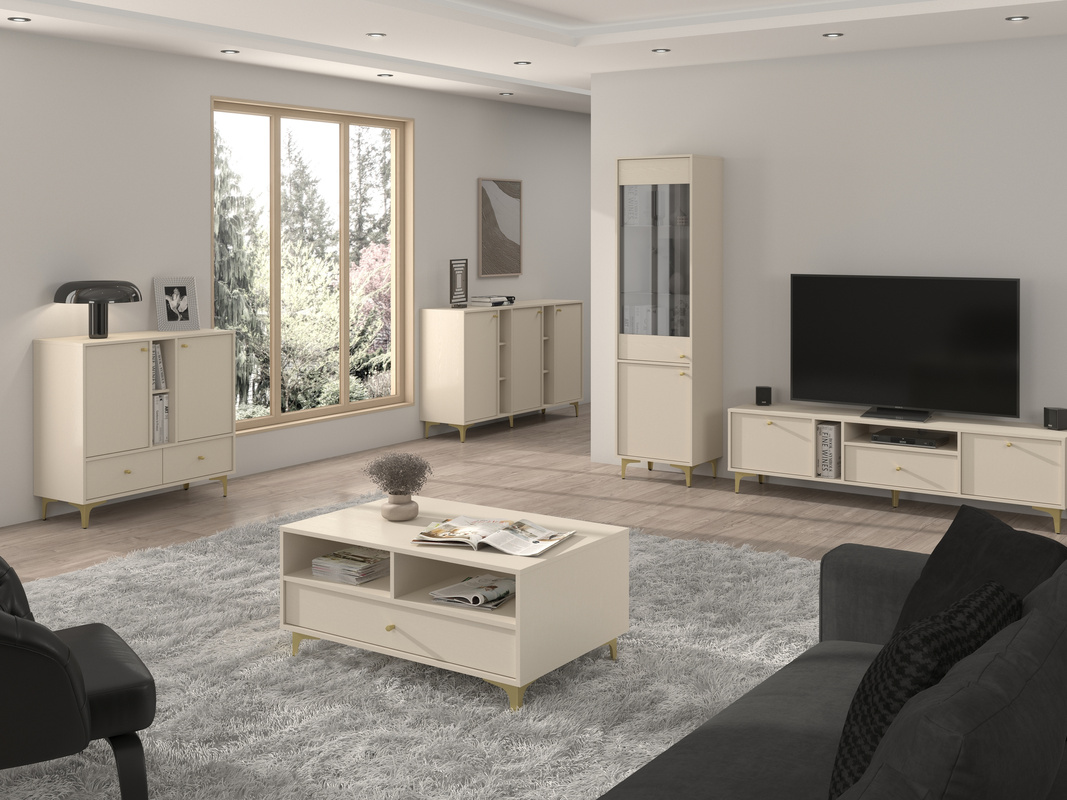 Zestaw beżowych mebli do salonu z witryną TOKEN
