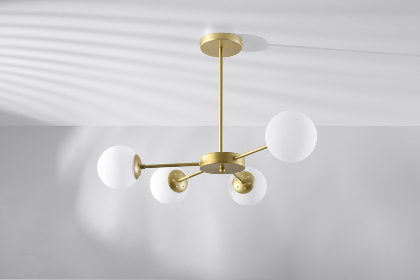 Złota biała lampa wisząca sufitowa 4-punktowa do salonu MATI metal szkło