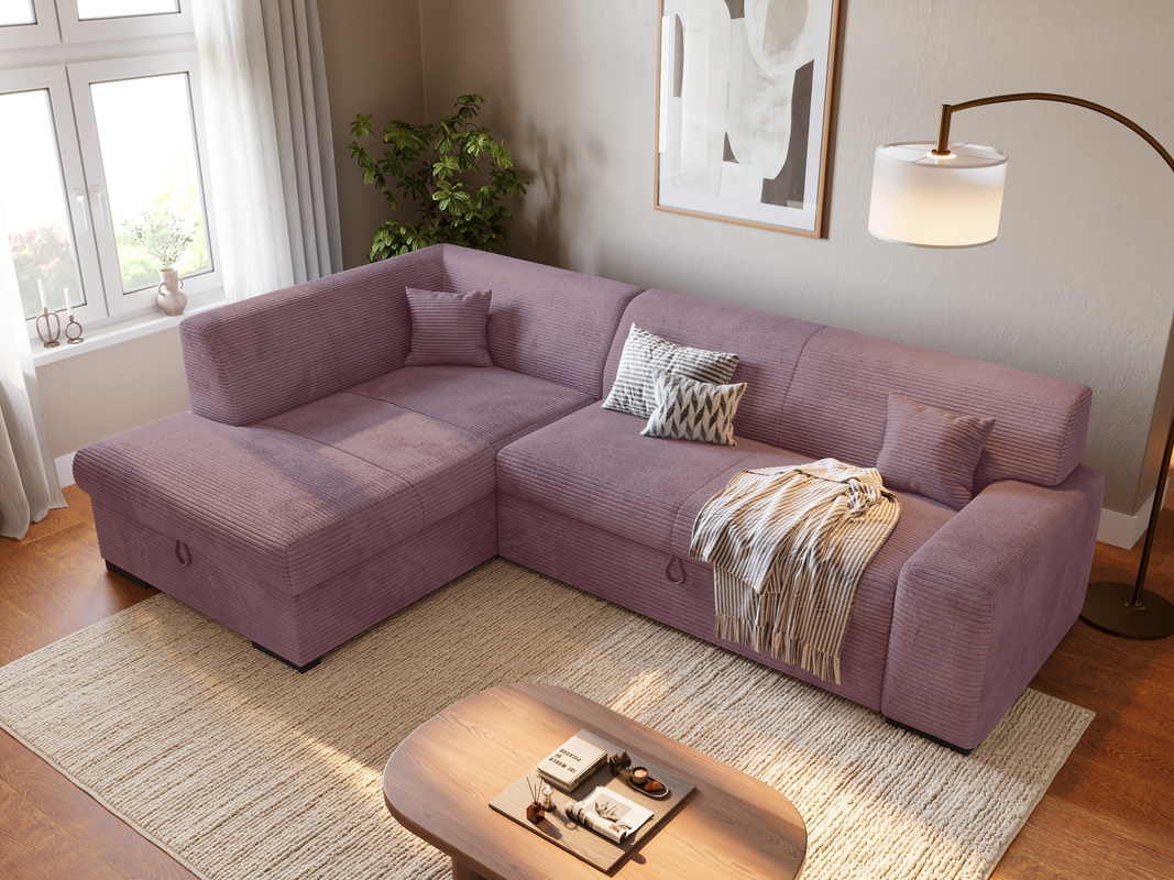 Narożnik do salonu z funkcją spania i pojemnikiem na pościel MILENZO różowy