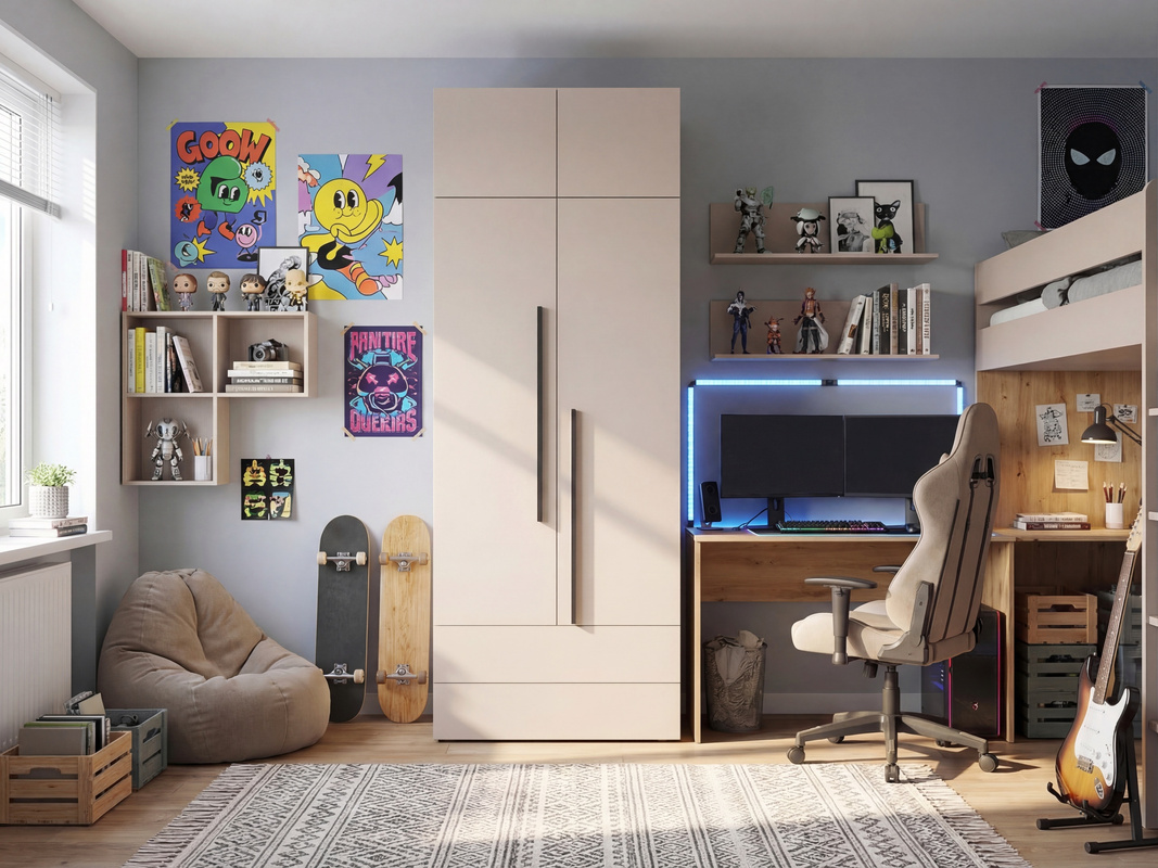 Szafa dwudrzwiowa młodzieżowa z nadstawką 90 cm i szufladami LUMI kaszmir