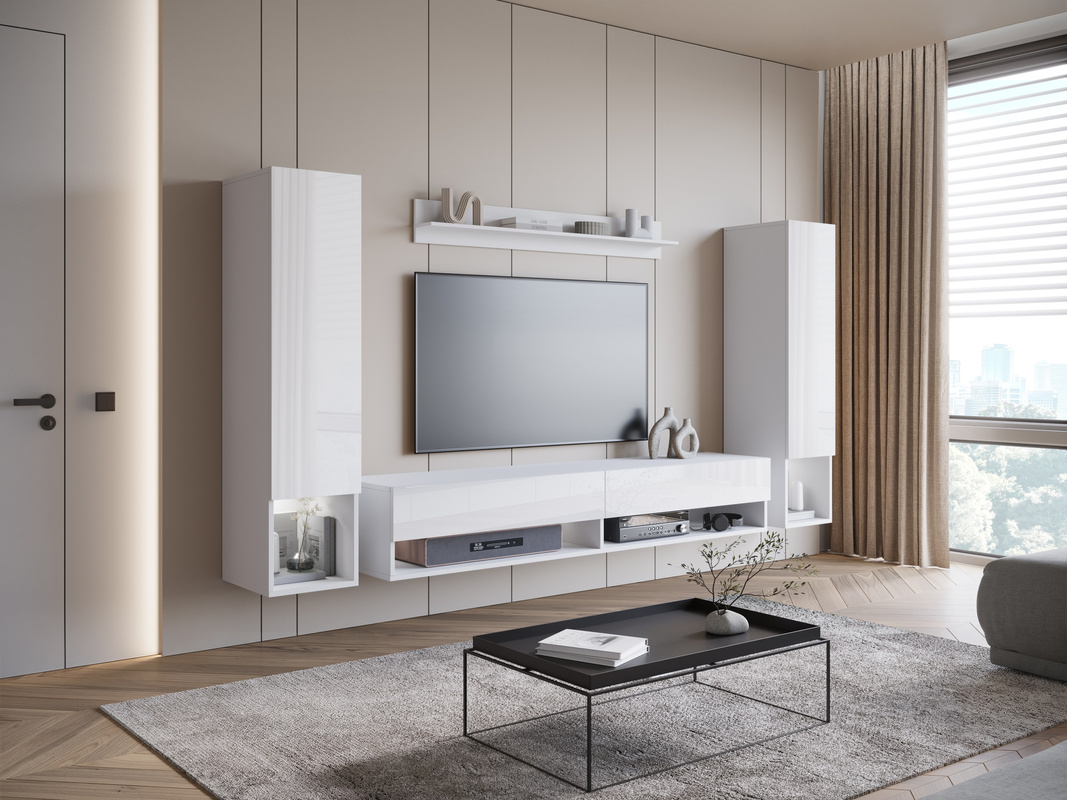 Biała meblościanka do salonu z szafką RTV MADERA połysk