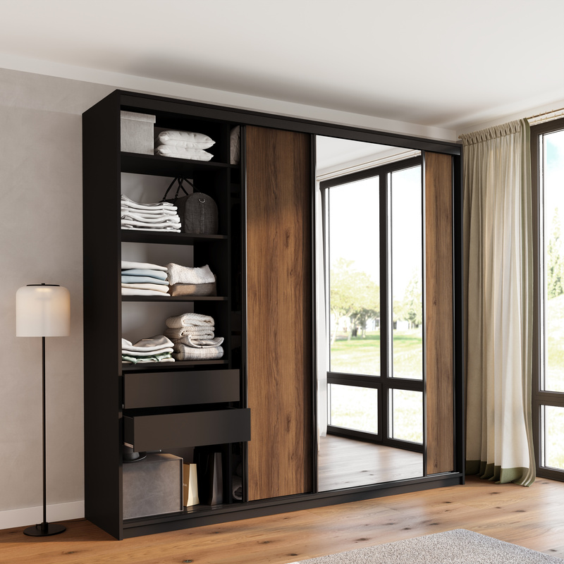 Duża szafa przesuwna z lustrem 250 cm do sypialni LOFT MAX orzech