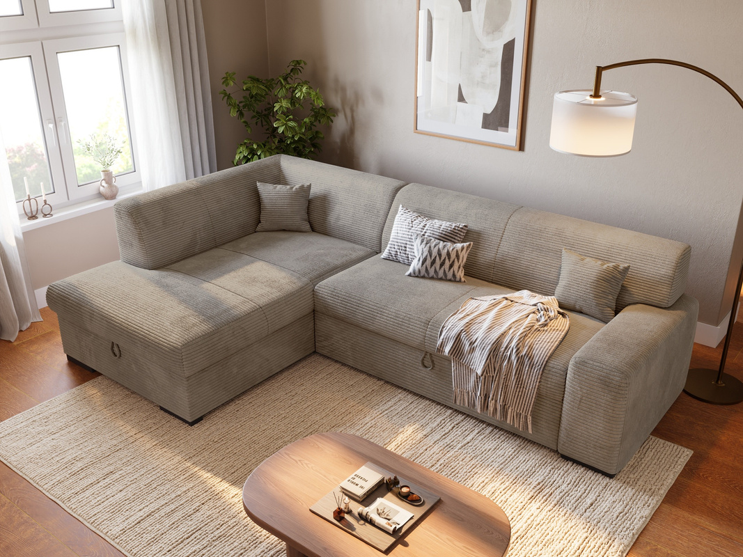 Narożnik z funkcją spania i pojemnikiem na pościel do salonu MILENZO sztruks