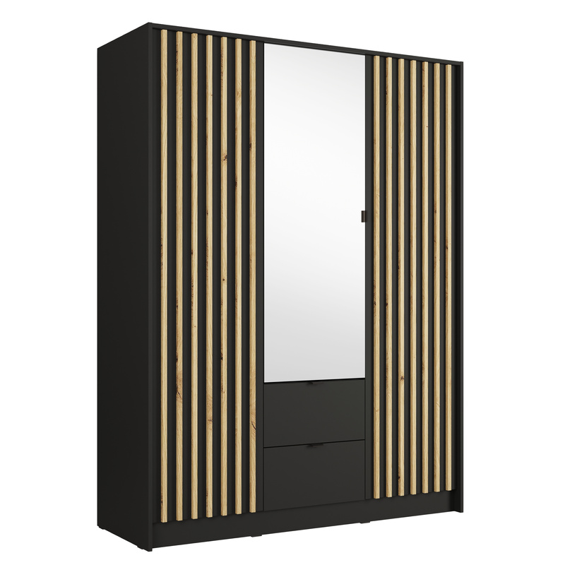 Szafa trzydrzwiowa 150 cm z lamelami i lustrem KORSO czarny dąb artisan