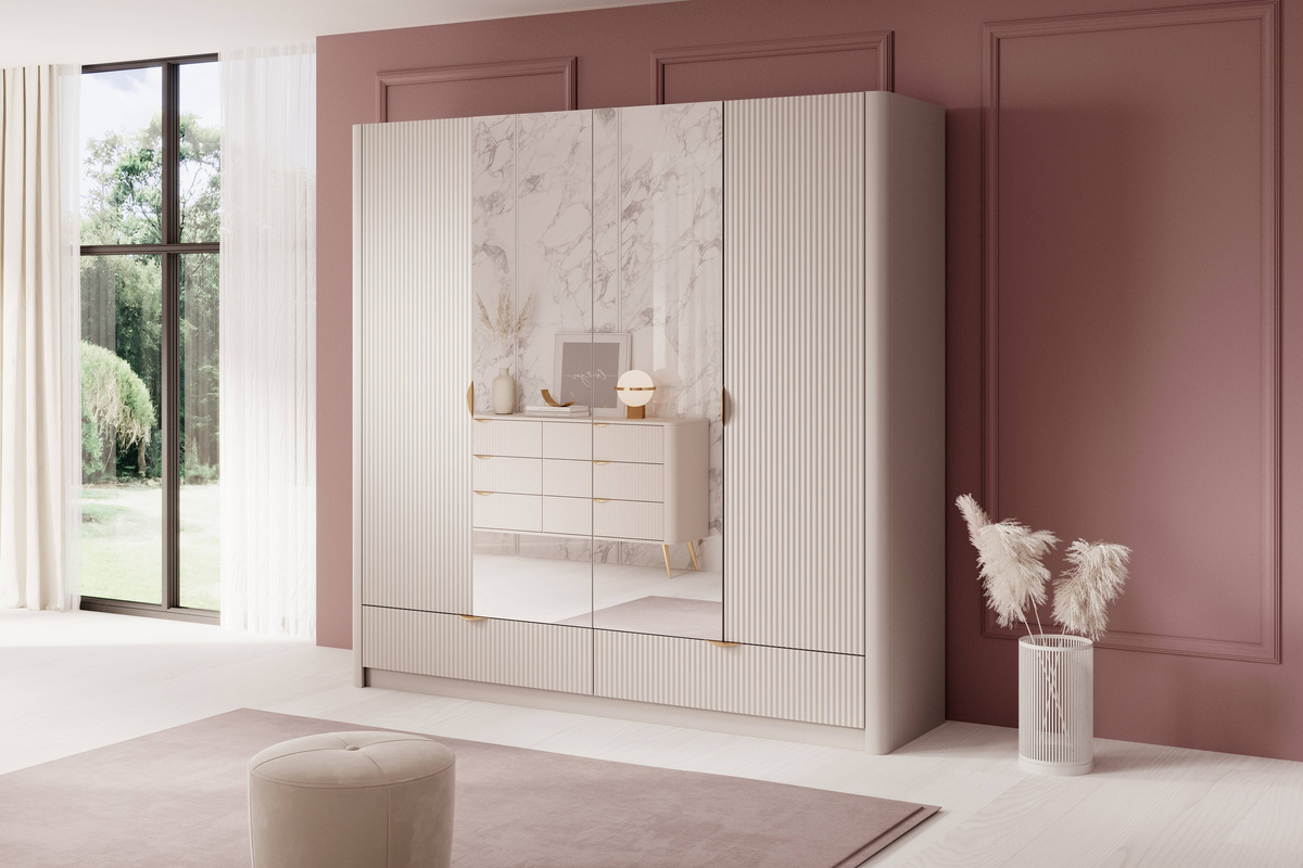 Szafa z lustrem i szufladami do sypialni 213 cm beż LEONTE