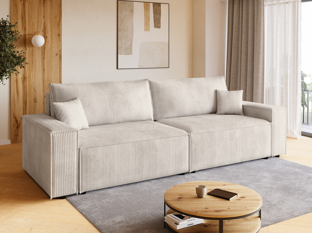 Kremowa kanapa z funkcją spania i pojemnikiem na pościel sztruksowa ADI