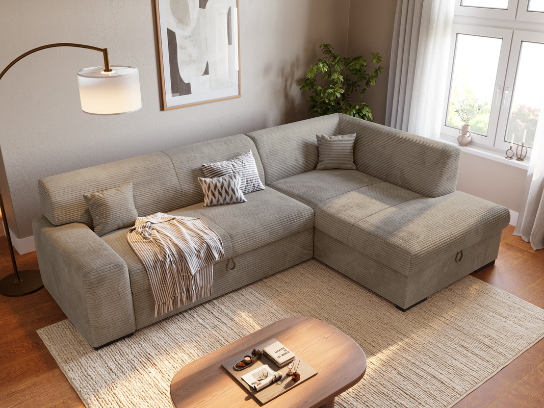 Narożnik z funkcją spania i pojemnikiem na pościel do salonu MILENZO sztruks