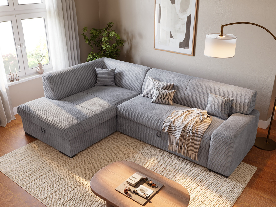 Szary narożnik do salonu z funkcją spania i pojemnikiem na pościel MILENZO