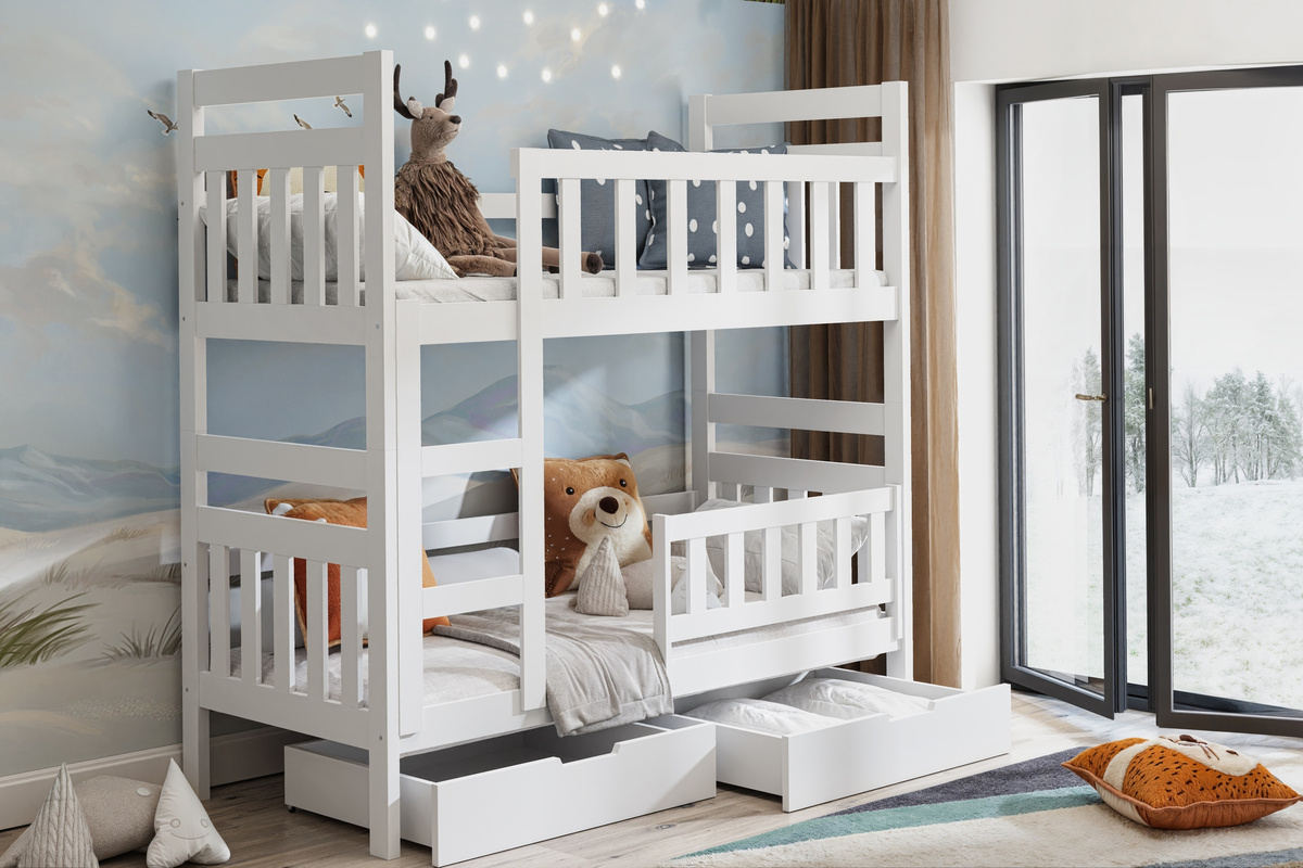 Łóżko dziecięce podwójne 185x80 cm piętrowe białe na nóżkach TEO