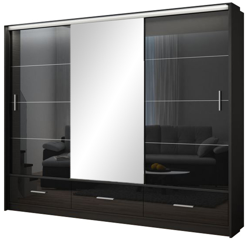 Czarna szafa przesuwna 250 cm z lustrem i półkami MESTRE połysk