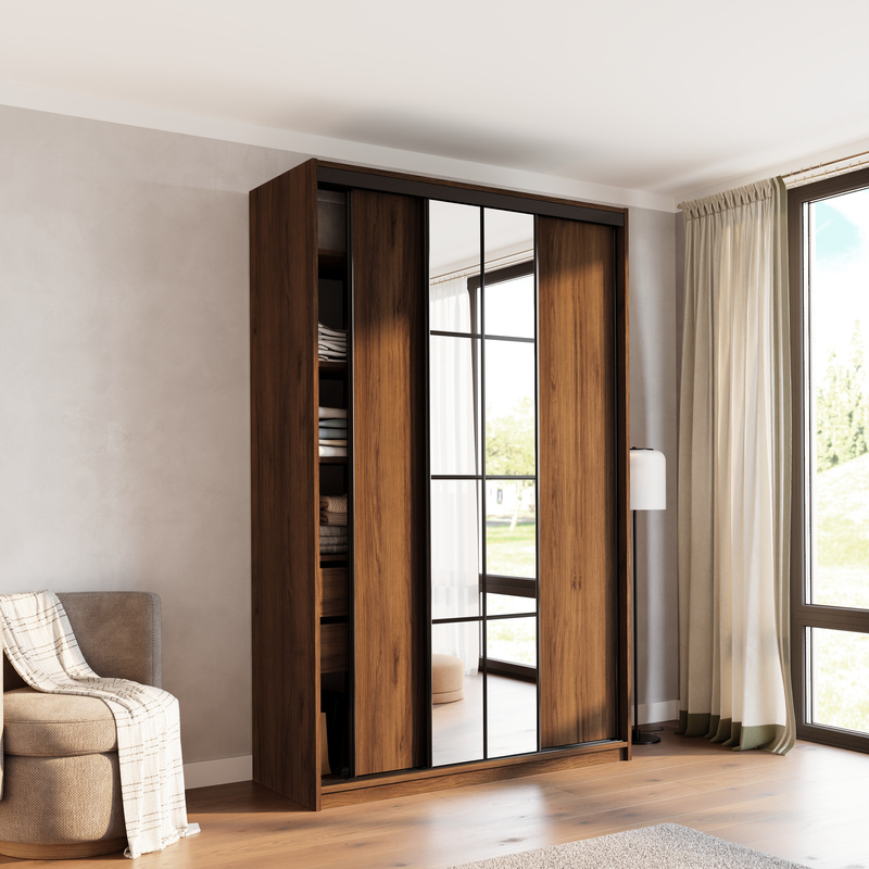 Wysoka szafa przesuwna z lustrem 150 cm do sypialni EDGE MAX orzech