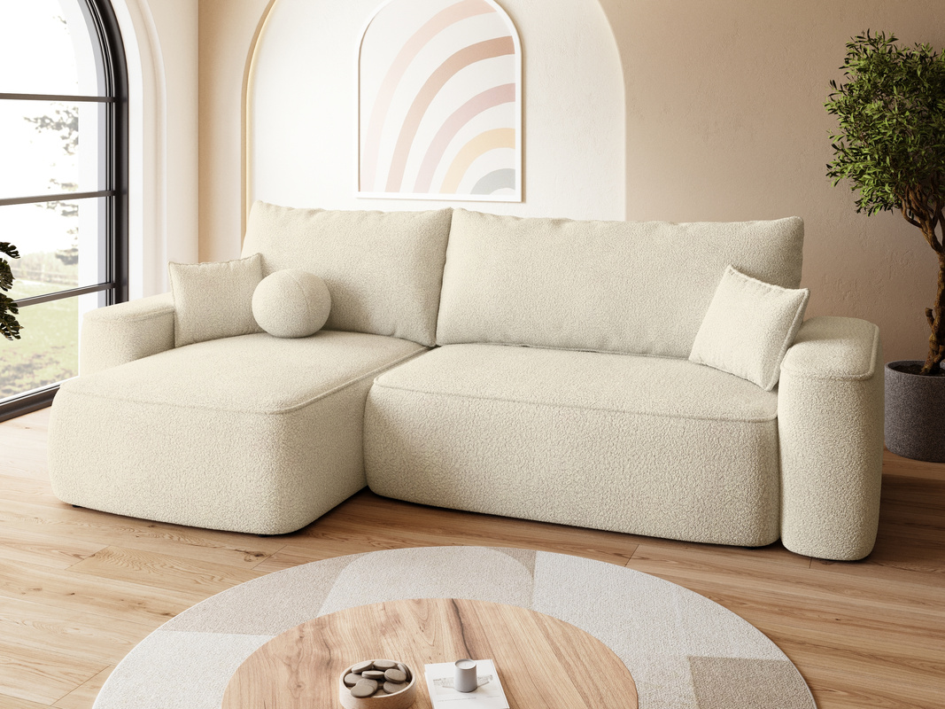 Beżowy narożnik boucle z funkcją spania do salonu CARMELLO DUO