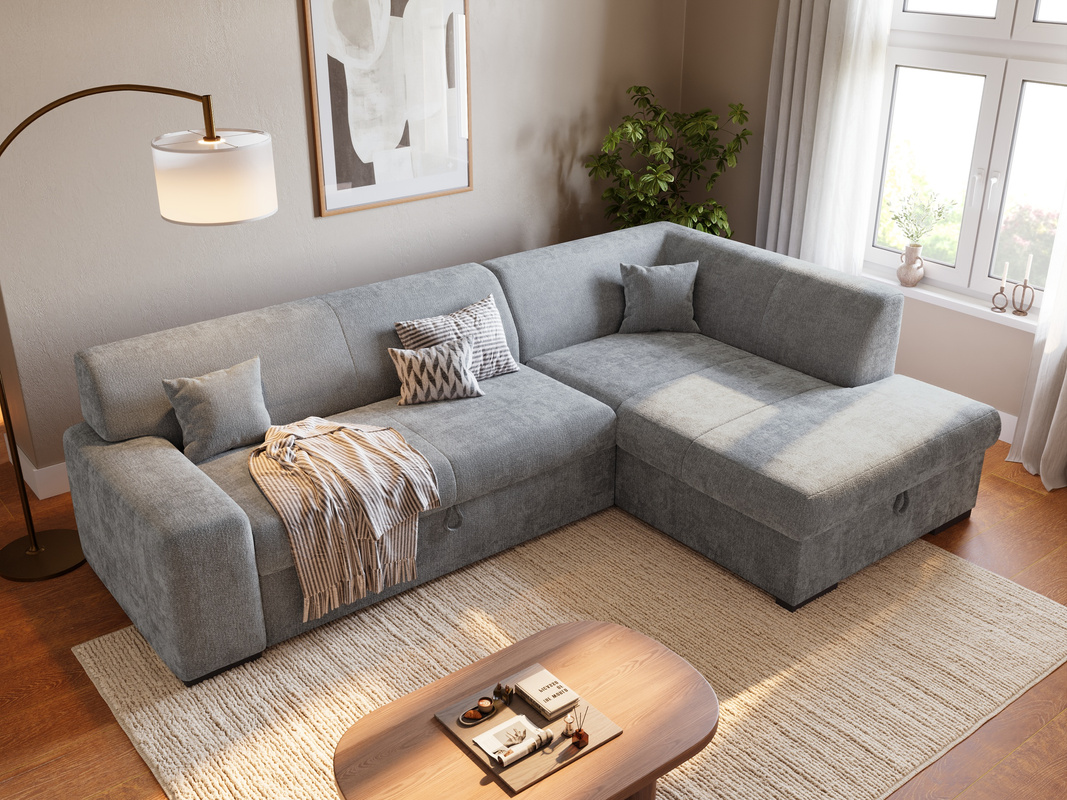 Szary narożnik do salonu z funkcją spania i pojemnikiem na pościel MILENZO