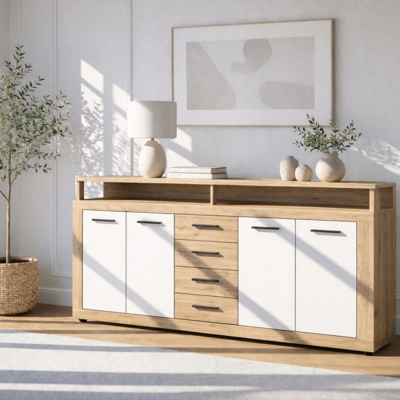 Komoda do salonu BLOBI 190 cm dąb artisan z białymi frontami