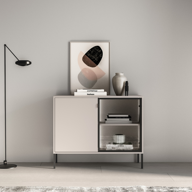 Dwudrzwiowa komoda z witryną 107 cm na nóżkach do salonu BANELI kaszmir