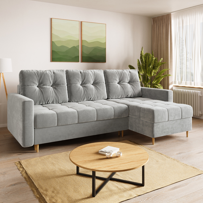 Szary narożnik z funkcją spania i pojemnikiem na pościel LIZBONA