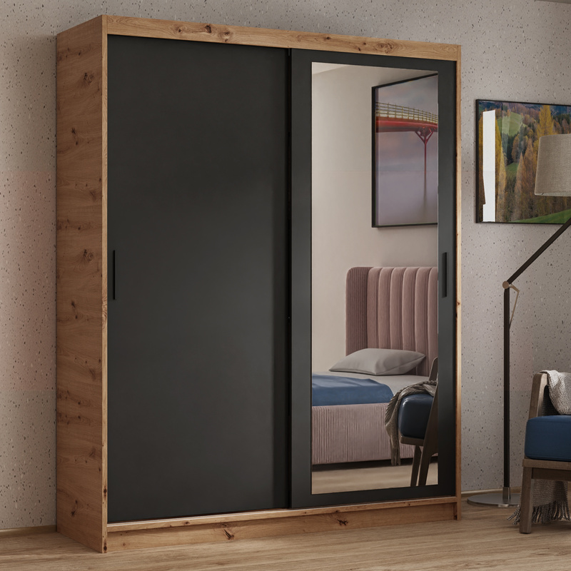 Dwudrzwiowa szafa przesuwna z lustrem i drążkiem 180 cm HARON dąb artisan