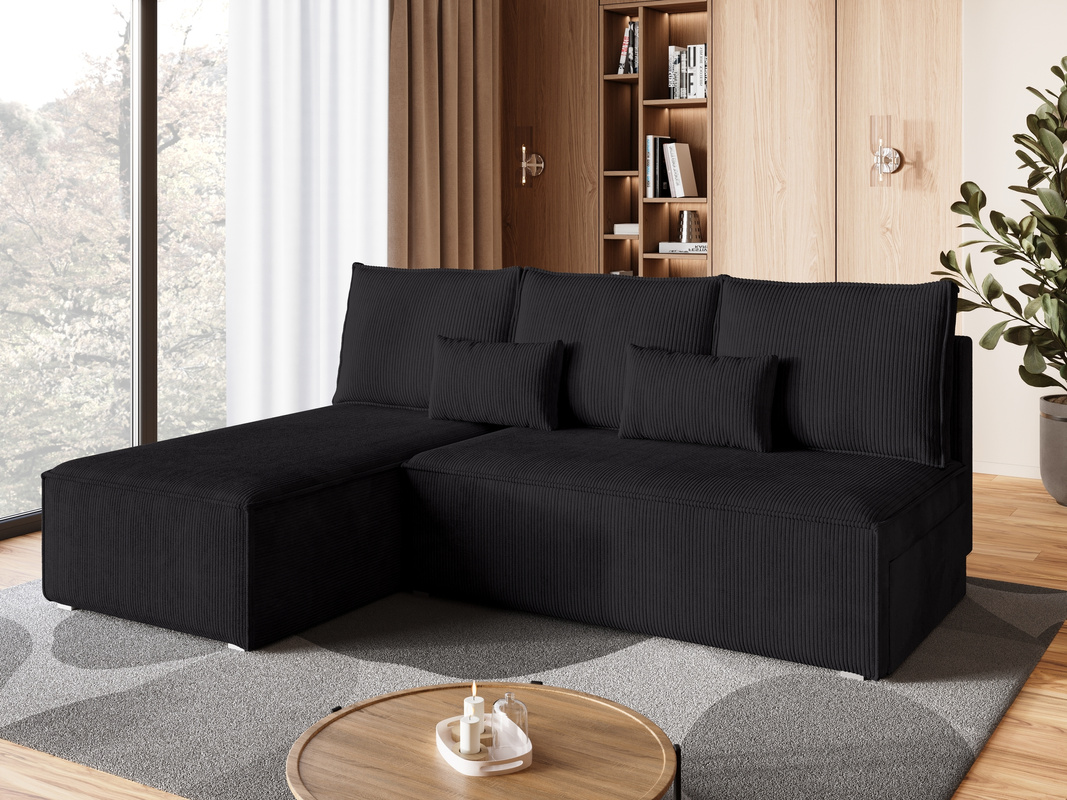 Sztruksowy rozkładany narożnik do salonu z funkcją spania czarny TOP SLIM