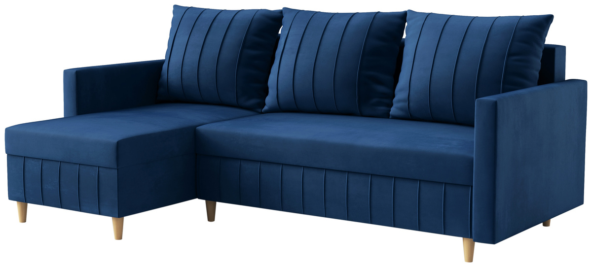 Granatowy narożnik skandynawski do salonu na nóżkach z funkcją spania FOCUS