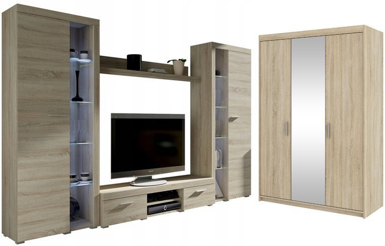 Meblościanka z szafą z lustrem Dąb Sonoma SAMBA BIG