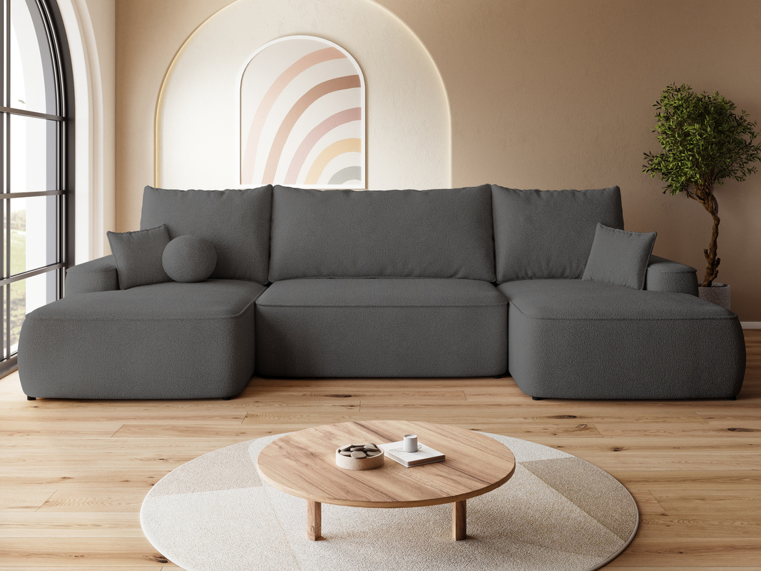 Ciemnoszary narożnik z funkcją spania do salonu boucle CARMELLO U