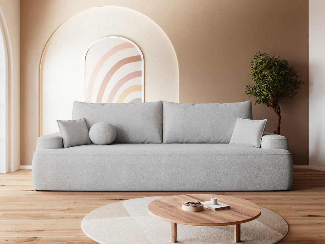 Szara sofa z funkcją spania i pojemnikiem CARMELLO boucle