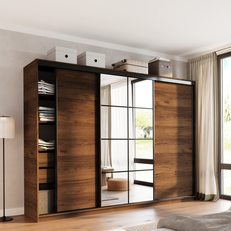 Duża szafa przesuwna z lustrem 280 cm z szufladami EDGE orzech