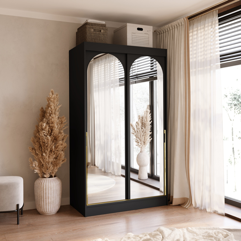 Czarna szafa przesuwna z lustrami 120 cm drzwi przesuwne złote uchwyty MORIN