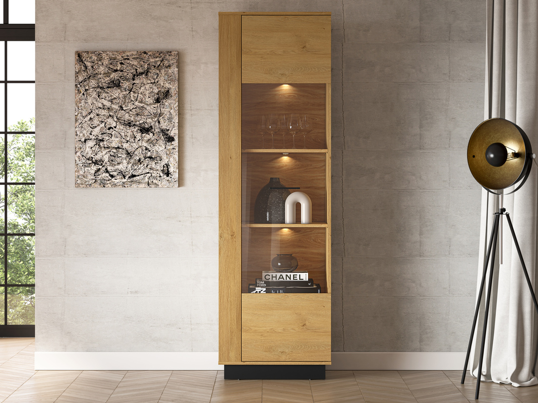 Witryna szklana do salonu z podświetleniem MONELLI dąb stylowy