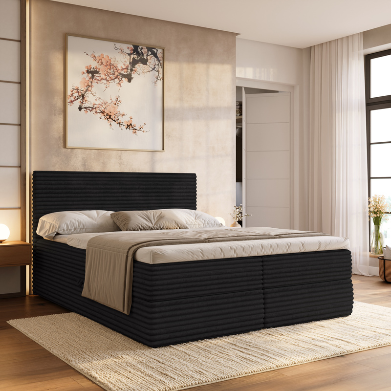 Czarne łóżko kontynentalne 140x200 z pojemnikiem do sypialni MILA