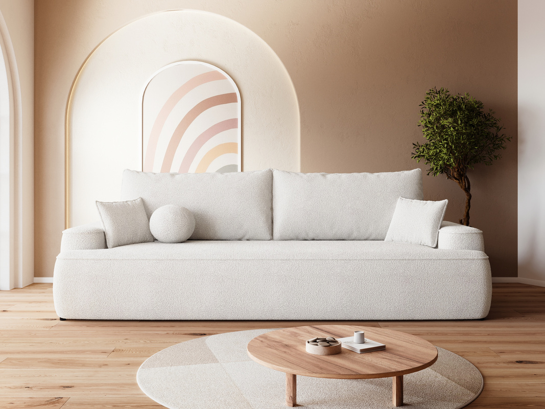 Kremowa sofa boucle z funkcją spania do salonu CARMELLO