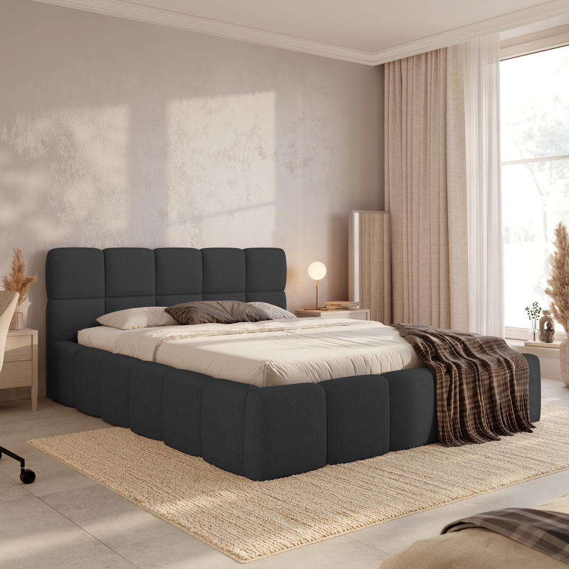 Łóżko tapicerowane 140x200 do sypialni z pojemnikiem i stelażem CUDDY