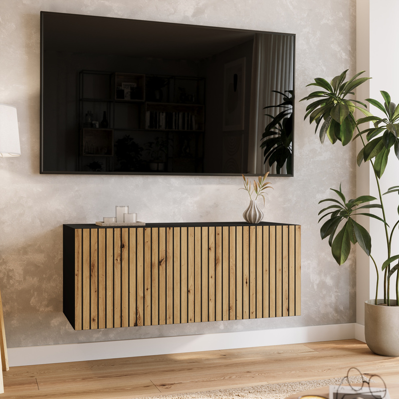 Szafka RTV 100 cm wisząca ryflowana pod tv LORI dąb artisan