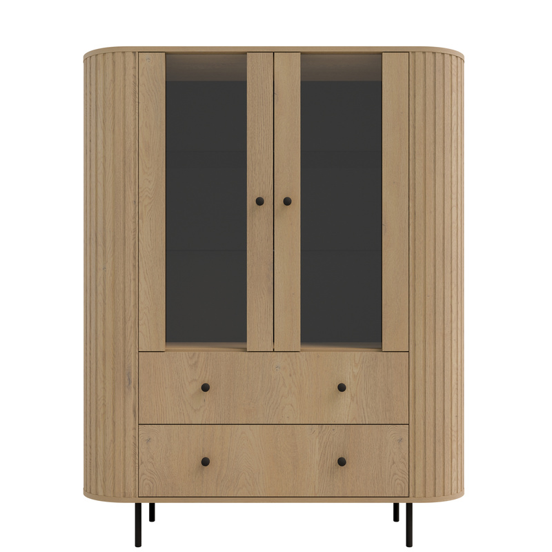 Dwudrzwiowa witryna do salonu 123 cm z szufladami OVENTO dąb cremona