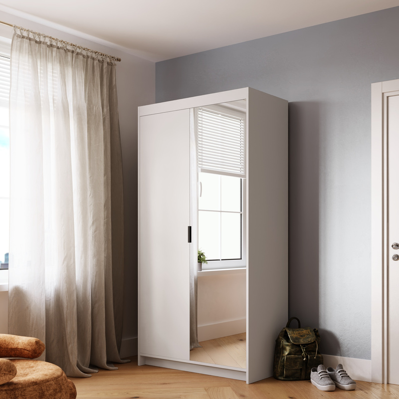 Biała dwudrzwiowa modułowa szafa z lustrem i półkami 90 cm KUBA