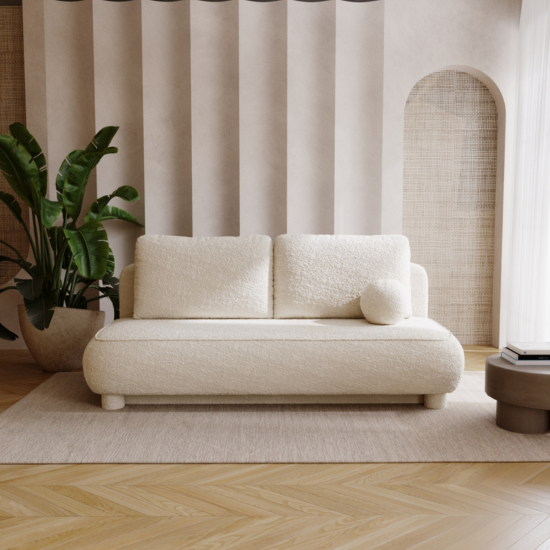 Rozkładana kanapa z funkcją spania i pojemnikiem do salonu boucle beż jasny GISELLE