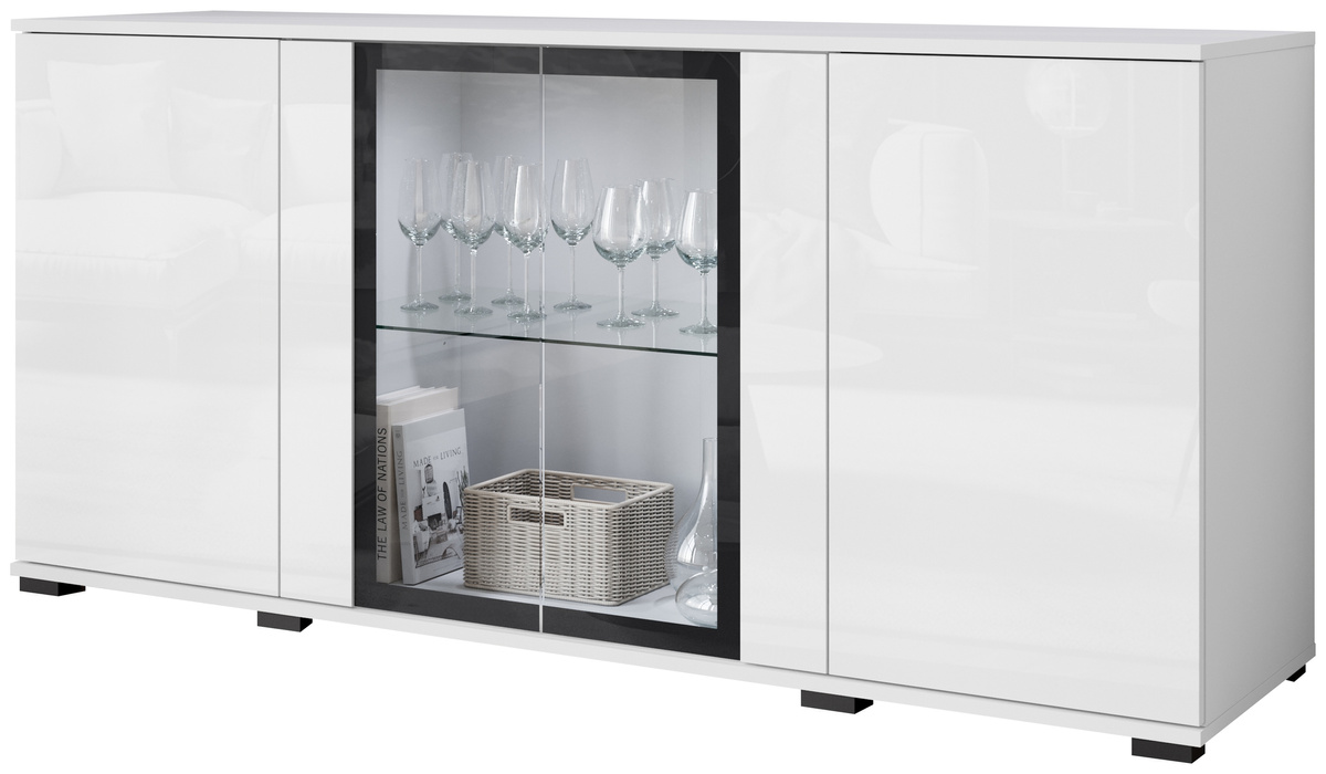 Komoda 150 cm biały połysk z witryną do salonu CAVIO