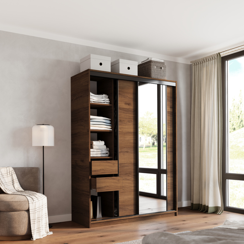 Szafa przesuwna z lustrem 150 cm do sypialni LOFT orzech