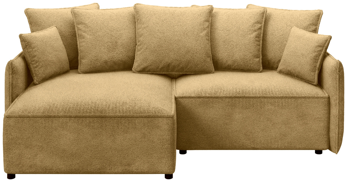 Musztardowa rozkładana kanapa narożna z funkcją spania boucle ARTUR