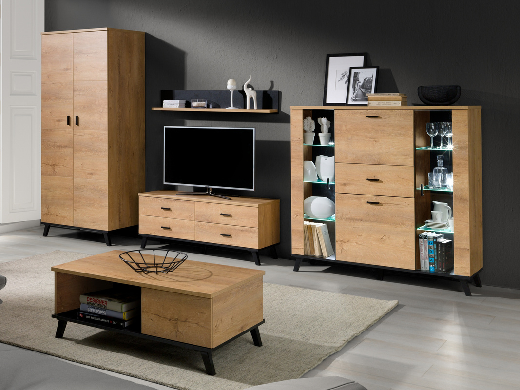 Meblościanka z szafą i komodą dąb lefkas jasny JOHNY 3