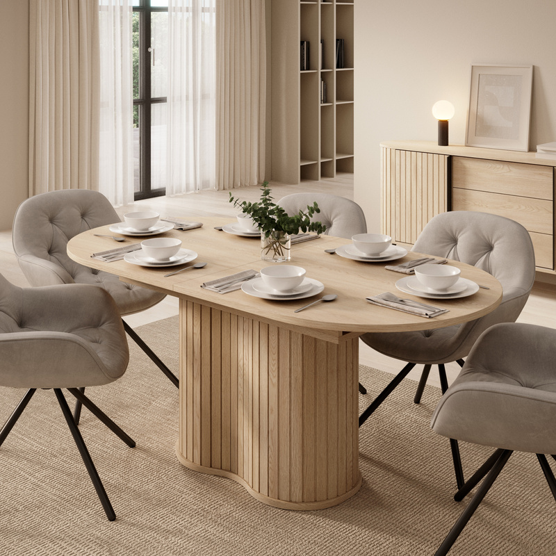 Stół rozkładany 180 cm do jadalni owalny z ryflowaniem LOVEL dąb cremona